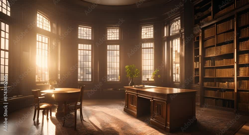 Library room with table and sofa bathed in streaming light from window Seamless looping time lapse virtual video animation background 4k animation Library room with table and sofa bathed in streaming light from window Seamless looping time lapse virtual video animation background 4k animation