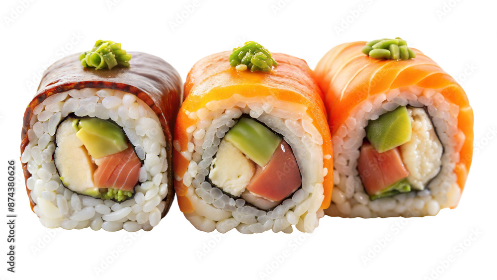 Three sushi rolls with avocado, salmon, and cucumber Three sushi rolls with avocado, salmon, and cucumber