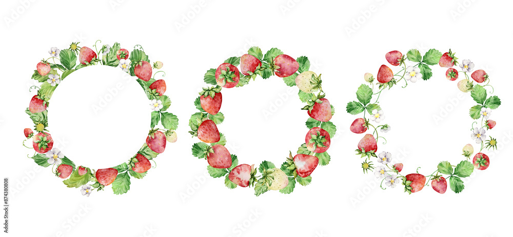 Watercolor straberry set with wreath and frame Watercolor straberry set with wreath and frame