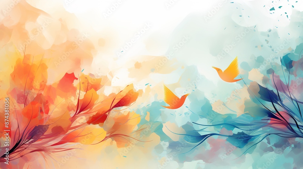 Autumn abstract background 2 with colorful autumn tree branches and decorative birds in soft pastel colors Autumn abstract background 2 with colorful autumn tree branches and decorative birds in soft pastel colors