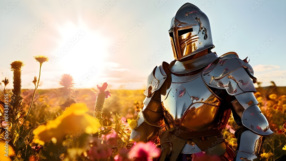 Fototapeta premium Medieval knight relaxing in field at sunset