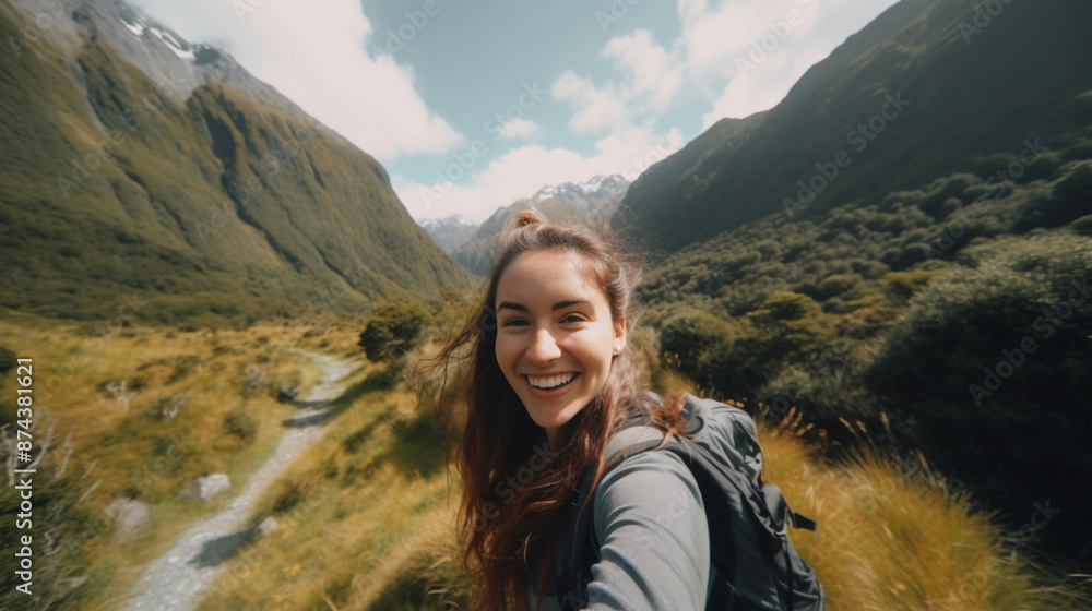 Naklejka premium A woman is smiling and taking a selfie in a beautiful mountain landscape