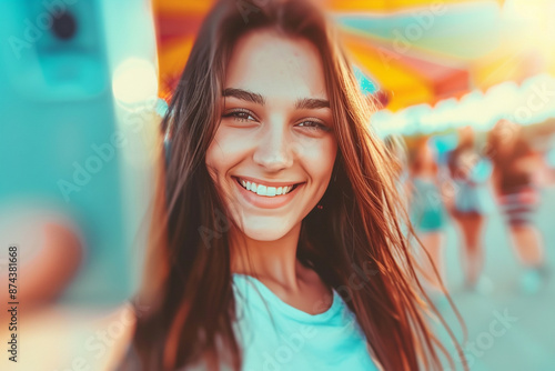 A woman with long brown hair is smiling and taking a selfie with her cell phone