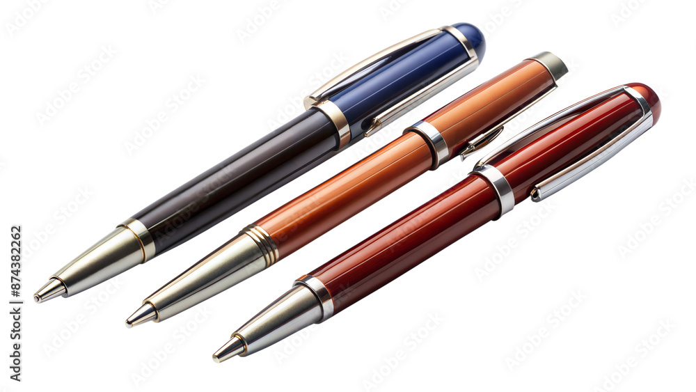Three pens of different colors are lined up on a transparent background Three pens of different colors are lined up on a transparent background