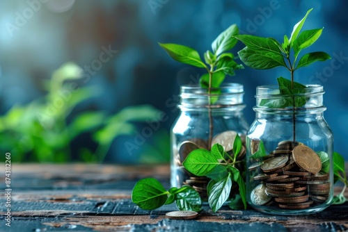 Two glass jars sit on a wooden table, each containing a stack of coins and a growing plant