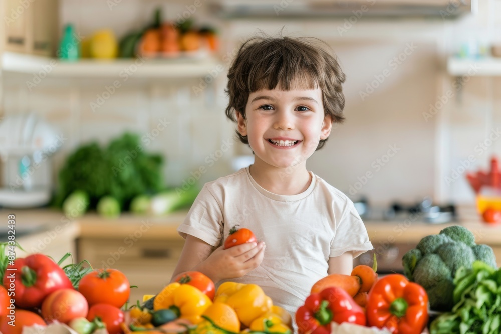 Smiling Child Surrounded by Fresh Vegetables in Bright Kitchen Smiling Child Surrounded by Fresh Vegetables in Bright Kitchen