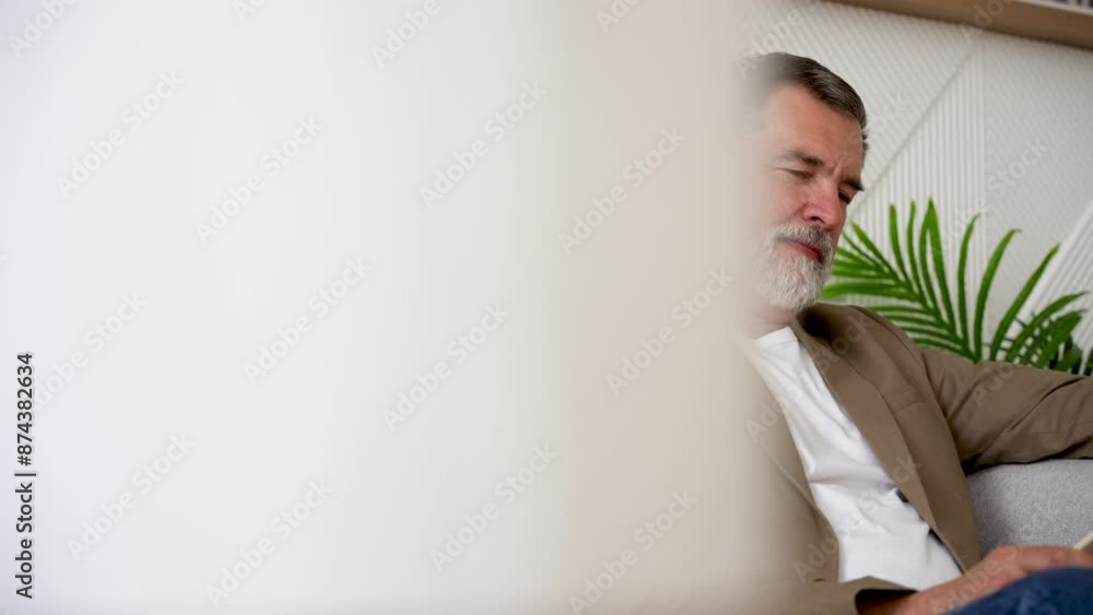 Portrait of gray haired senior man reading book at home. Calm relaxed mature male enjoying weekend leisure time alone indoors Portrait of gray haired senior man reading book at home. Calm relaxed mature male enjoying weekend leisure time alone indoors