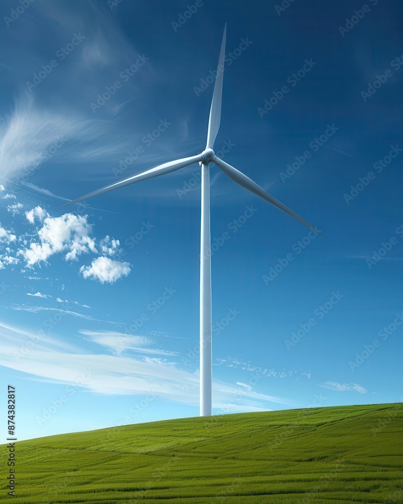Obraz premium A single wind turbine stands tall against a clear blue sky, generating clean energy.