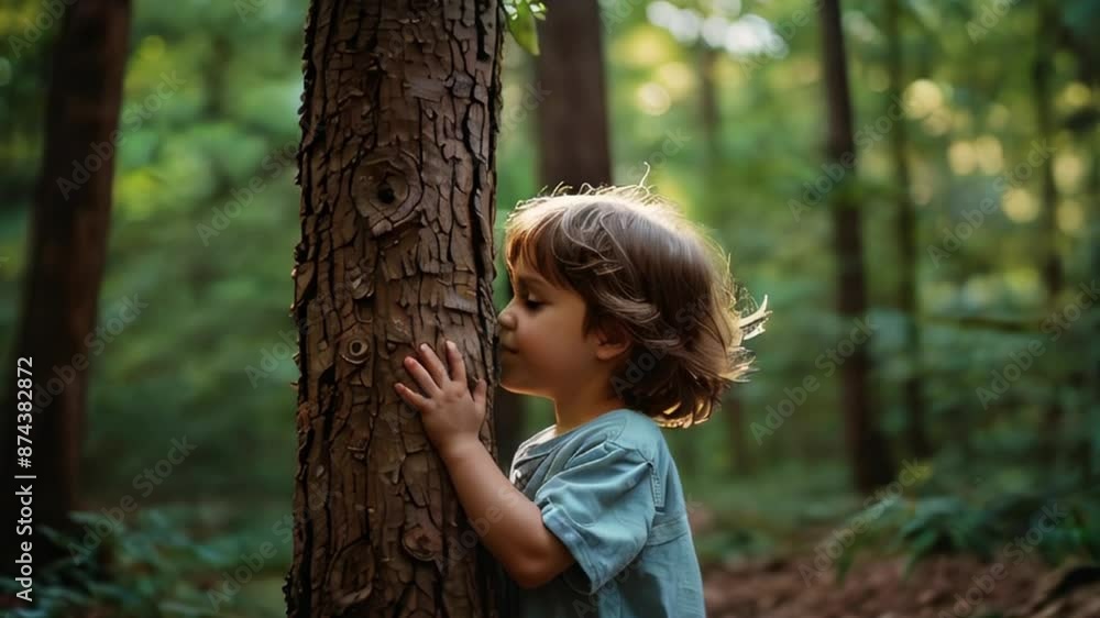 Little Boy Hugging a Tree in a Forest Little Boy Hugging a Tree in a Forest
