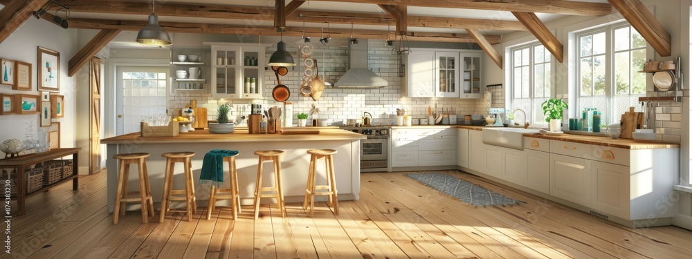 Bright Rustic Kitchen with Natural Light - Exposed Wooden Beams, Warm Atmosphere, and Inviting Design Bright Rustic Kitchen with Natural Light - Exposed Wooden Beams, Warm Atmosphere, and Inviting Design