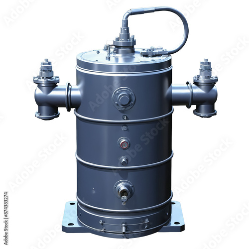 An industriallooking device made of steel featuring a large cylindrical tank with a loud motor attached. There are multiple valves and gauges on the structure along with a long. photo