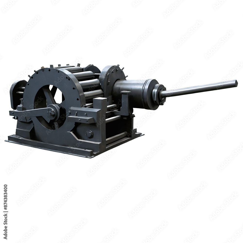 The rolling mill has a heavy industrial look and feel with bolts and screws visible in its construction and a large wheel on one end.. The rolling mill has a heavy industrial look and feel with bolts and screws visible in its construction and a large wheel on one end..