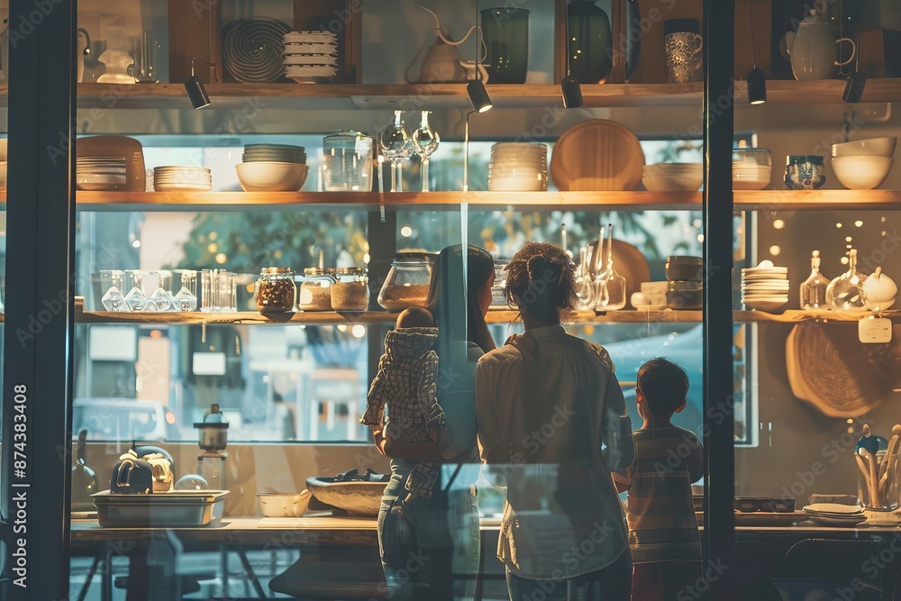 Coffee shop. Rear view of young woman and man standing in cafe and looking out the window Coffee shop. Rear view of young woman and man standing in cafe and looking out the window