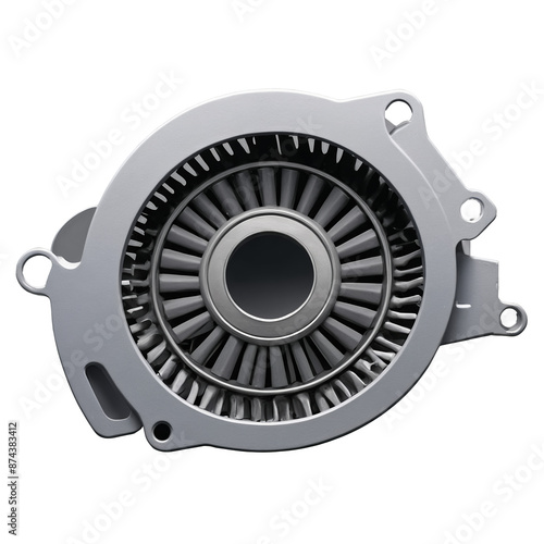 A sy grey box with a circular opening and a lever on one side resembling a miniaturized version of a car engine.. photo