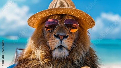 Relaxing lion with sun hat and sunglasses on beach.