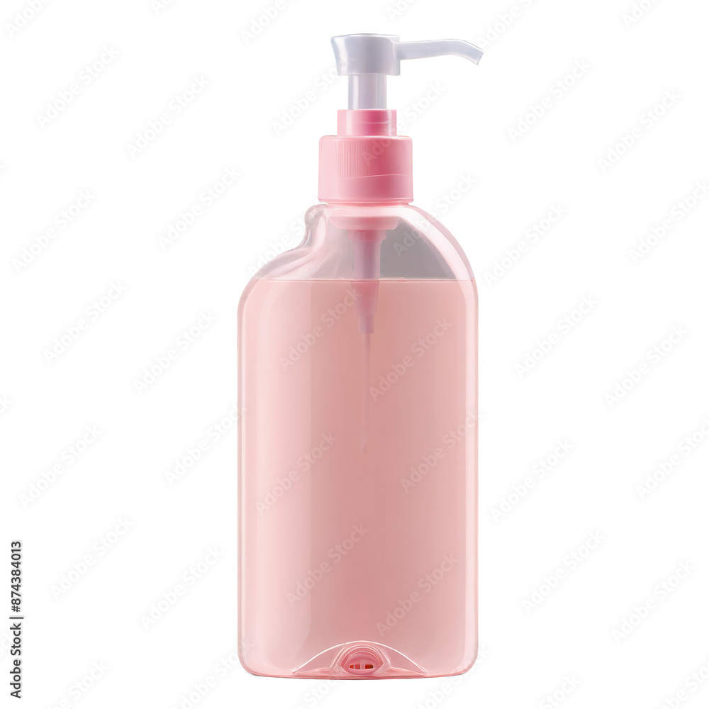 A plastic bottle with a pump dispenser and a clear plastic cap. The bottle is a light pink color and has a slightly curved shape.. A plastic bottle with a pump dispenser and a clear plastic cap. The bottle is a light pink color and has a slightly curved shape..