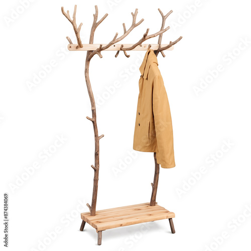 A coat rack resembling tree branches with a rustic and natural look featuring both short and long hooks..