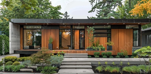 Modern Home Entrance With Lush Greenery and Wooden Accents