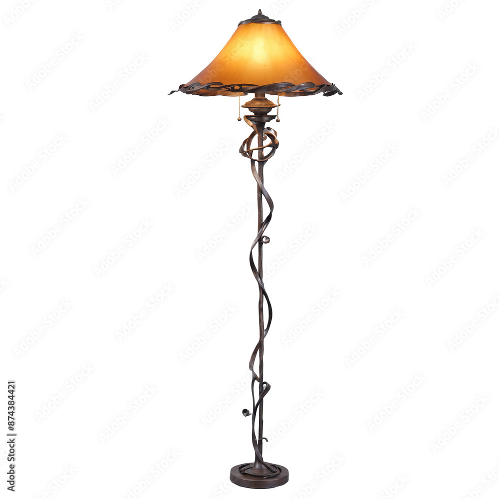 A rustic floor lamp made of twisted wrought iron with a bellshaped amber glass shade.. A rustic floor lamp made of twisted wrought iron with a bellshaped amber glass shade..