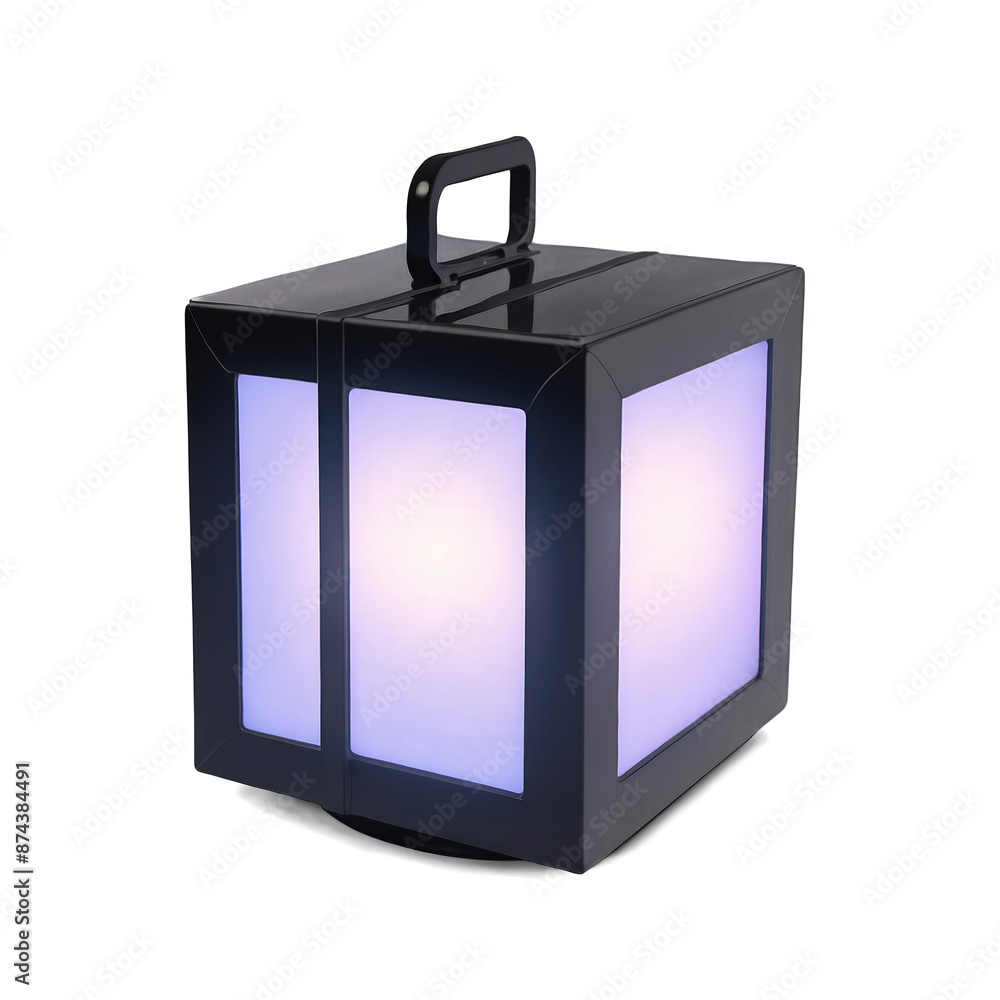 A modern plastic lantern shaped like a cube with a LED light inside and a switch on the side.. A modern plastic lantern shaped like a cube with a LED light inside and a switch on the side..