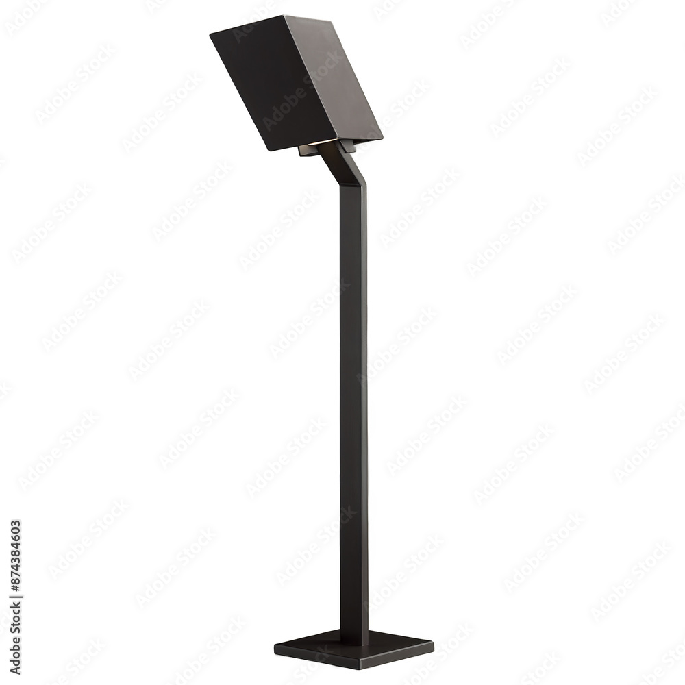 An outdoor lamp with an angular design featuring a sleek black base and a slender metal frame. The top features a glowing orbshaped light.. An outdoor lamp with an angular design featuring a sleek black base and a slender metal frame. The top features a glowing orbshaped light..