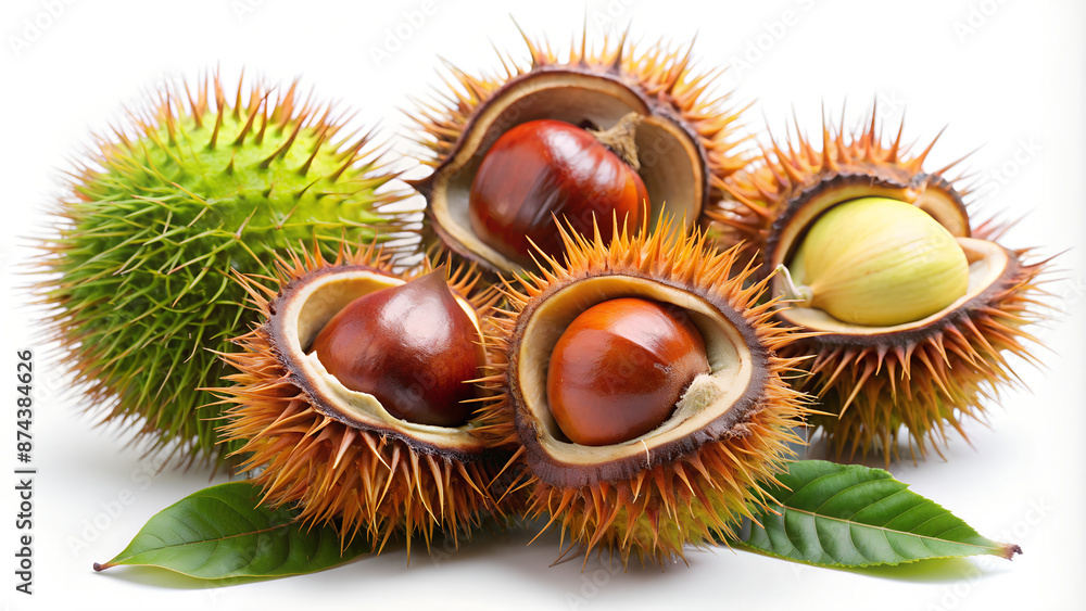 The image features a collection of open chestnuts with brown seeds visible, surrounded by sharp spines from their shells. The chestnuts are set against a white background, and they are accompanied by The image features a collection of open chestnuts with brown seeds visible, surrounded by sharp spines from their shells. The chestnuts are set against a white background, and they are accompanied by