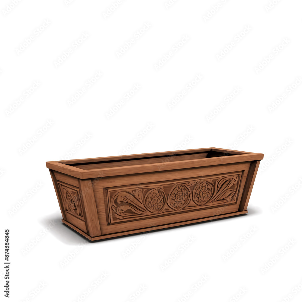 A rectangular planter made of dark brown wood with a carved pattern along the edges and a textured surface.. A rectangular planter made of dark brown wood with a carved pattern along the edges and a textured surface..