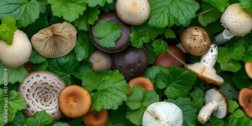 Diverse Array of Wild Mushrooms on the Lush Forest Floor. Concept Mushroom Foraging, Forest Walk, Fungi Identification, Nature Photography, Outdoor Adventure photo