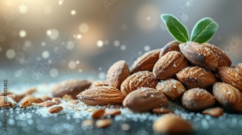 Salted Almonds With Fresh Leaves on a Dark Surface