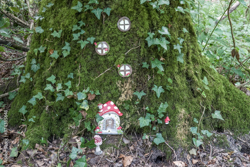 Tablou pe pânză cute toadstool fairy door and windows on a tree trunk in the countryside