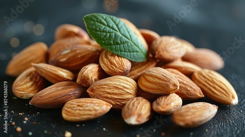 Salted Almonds With Fresh Leaves on a Dark Surface