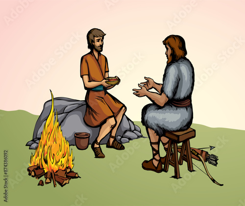 Vector drawing. Jacob gives soup to Esau