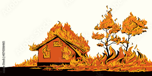 Vector drawing. Burning house and trees