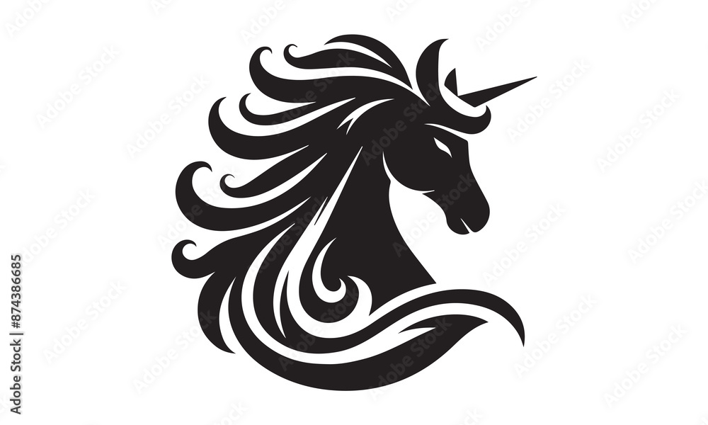 Fototapeta premium unicorn, Magic unicorn silhouette, Silhouette of a flying unicorn, Unicorn head circle tattoo illustration, horses tattoo. Black unicorn silhouette vector style and white background