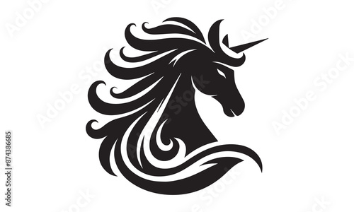 unicorn, Magic unicorn silhouette, Silhouette of a flying unicorn, Unicorn head circle tattoo illustration, horses tattoo. Black unicorn silhouette vector style and white background