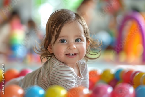 A little girl with brown hair and blue eyes smiles while playing in a colorful ball pit