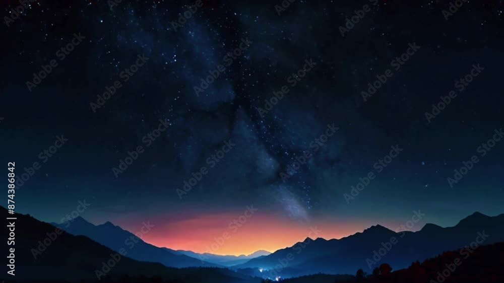 a night scene with the mountains silhouetted against a starry sky. Incorporate the Milky Way and shooting stars for added effect, 4K Ultra fantasy Wallpaper animation video a night scene with the mountains silhouetted against a starry sky. Incorporate the Milky Way and shooting stars for added effect, 4K Ultra fantasy Wallpaper animation video