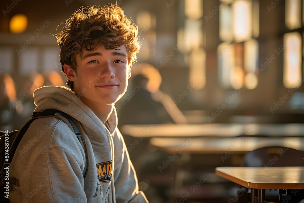 Fototapeta premium Portrait of a 14 year old teenage boy sitting in a classroom in early morning on back to school day 