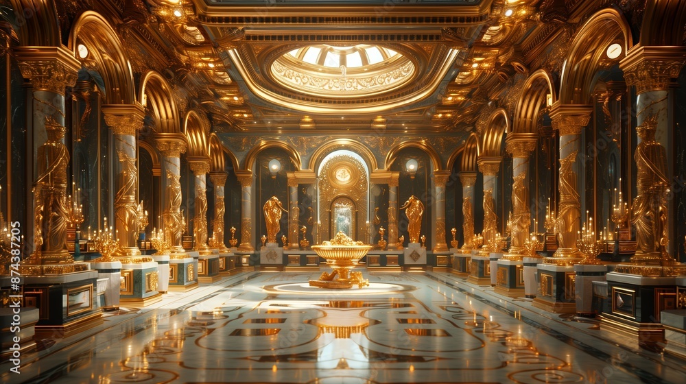 Obraz premium Golden Hallway With Statues and Chandeliers in a Grand Palace