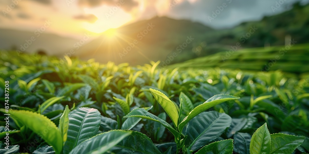Green tea leaves in a tea plantation in morning , Tea plantations at dawn Green tea leaves in a tea plantation in morning , Tea plantations at dawn