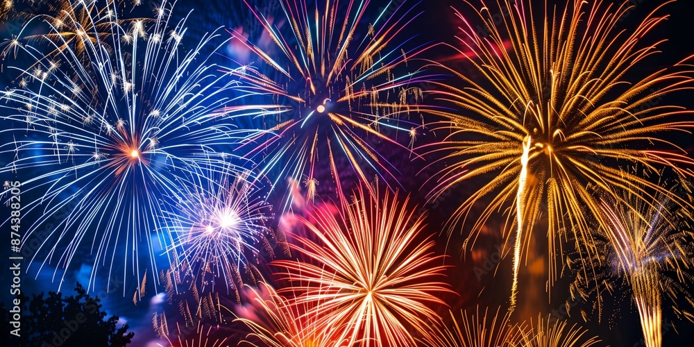 Naklejka premium A fireworks display with a blue, red, and yellow firework. The fireworks are lit up in the night sky