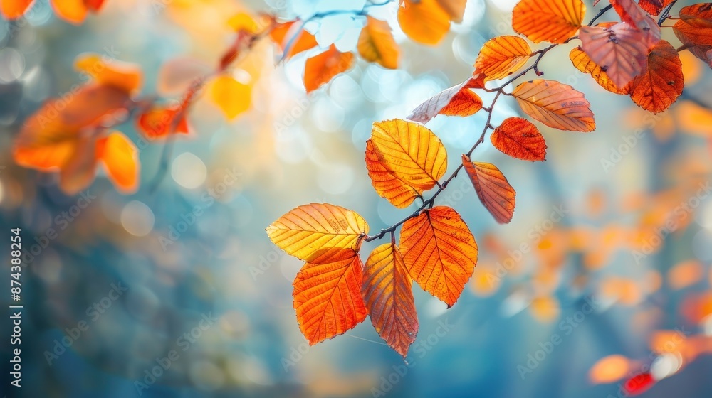 A branch with orange leaves is hanging from a tree. Generate AI image A branch with orange leaves is hanging from a tree. Generate AI image