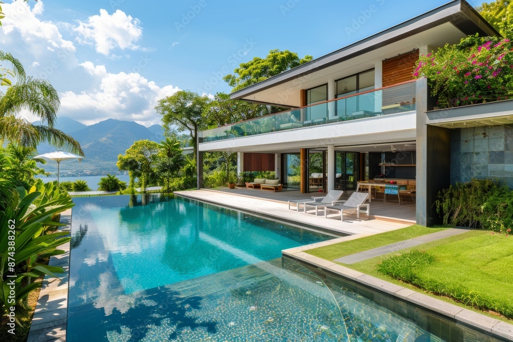 Fototapeta premium Modern House with Infinity Pool and Mountain View