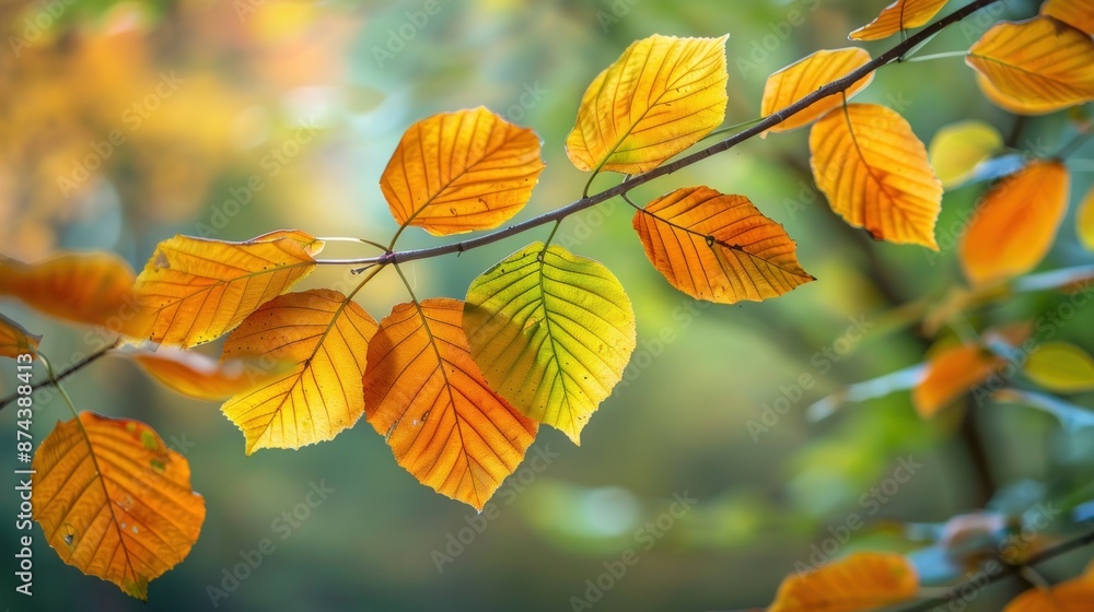 A branch with orange leaves is hanging from a tree. Generate AI image A branch with orange leaves is hanging from a tree. Generate AI image