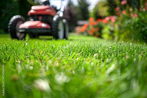 A red lawn mower is parked in a lush green field. The grass is short and well-maintained, giving the impression of a well-tended garden