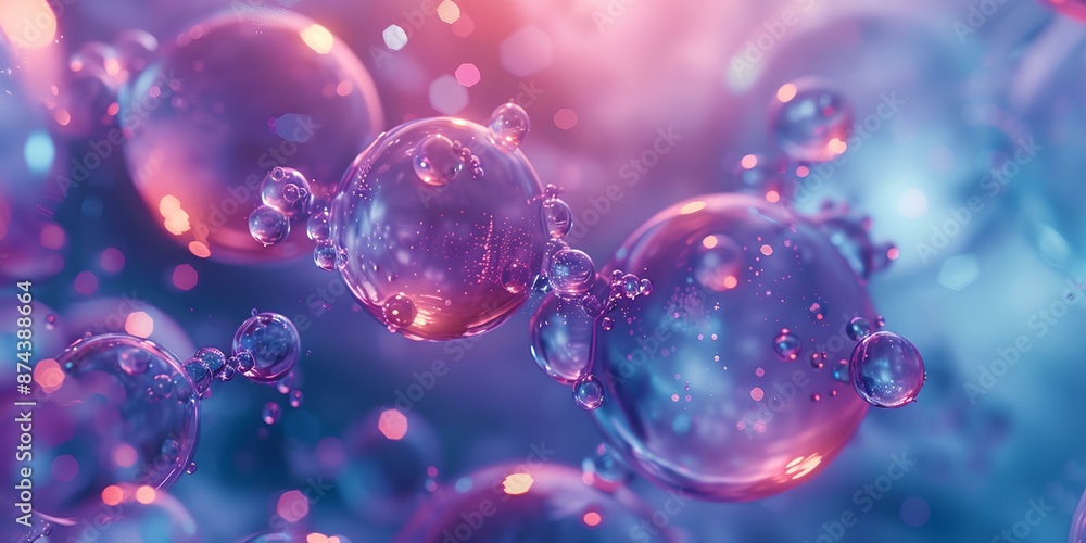 Purple pink beauty collagen skin serum and vitamin illustration, hyaluronic acid molecules background Purple pink beauty collagen skin serum and vitamin illustration, hyaluronic acid molecules background