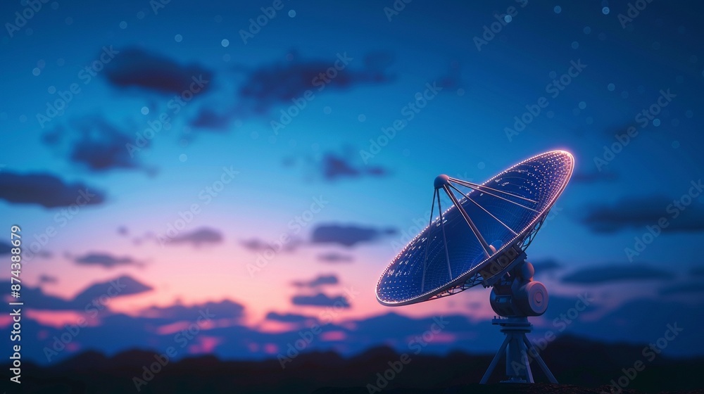 Satellite dish transmitting data to space, Realistic, Blue and white tones, Detailed dish and sky Satellite dish transmitting data to space, Realistic, Blue and white tones, Detailed dish and sky