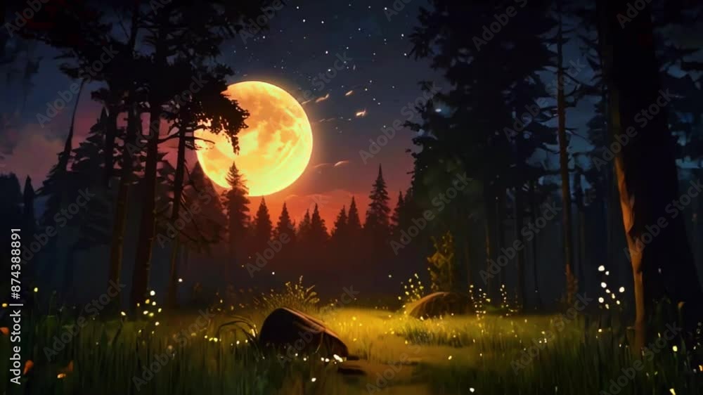 A romantic scene in a forest clearing bathed in the soft light of the full moon, fireflies dancing around, 4K High-Quality fantasy Wallpaper Time lapse animation video A romantic scene in a forest clearing bathed in the soft light of the full moon, fireflies dancing around, 4K High-Quality fantasy Wallpaper Time lapse animation video