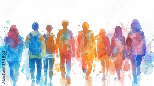 New student orientation, buddy system, making friends, Watercolor style, white background