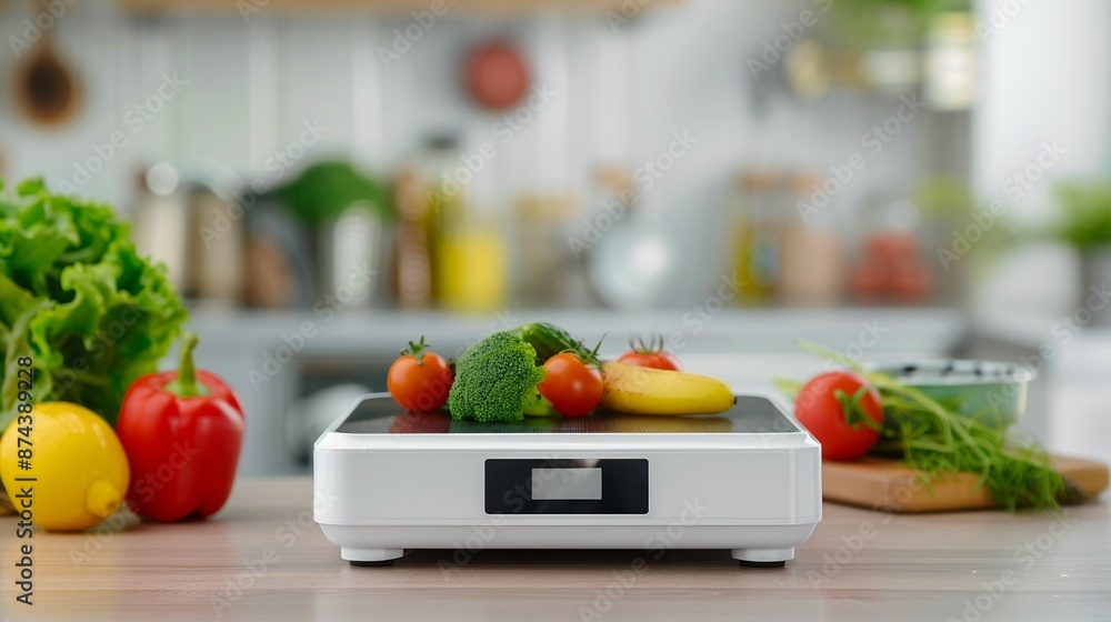 Smart kitchen scale measuring ingredients for a recipe, Realistic, Natural and blue hues, Detailed scale and ingredients Smart kitchen scale measuring ingredients for a recipe, Realistic, Natural and blue hues, Detailed scale and ingredients